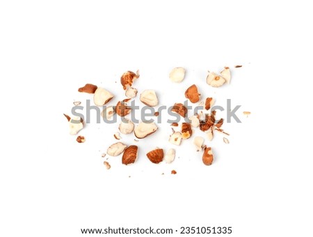Nut Kernels Crumbs, Broken Hazelnuts Pile Isolated, Healthy Organic Crush Nuts Group, Hazel Nut Pieces on White Background Top View Royalty-Free Stock Photo #2351051335