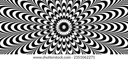 Radial optical illusion background. Black and white abstract wave lines surface. Poster design. Concentric repeating flower illusion wallpaper. Vector op art illustration Royalty-Free Stock Photo #2351062271