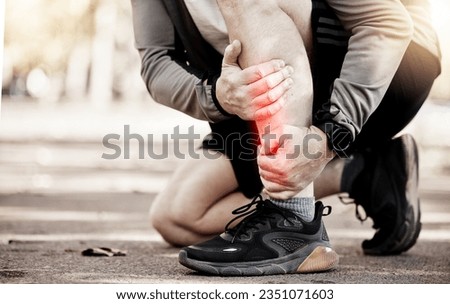 Joint pain, legs and running, fitness and red overlay, injury with person outdoor, sneakers and stress fracture. Inflammation, fibromyalgia and health, runner and muscle tension, glow and exercise Royalty-Free Stock Photo #2351071603