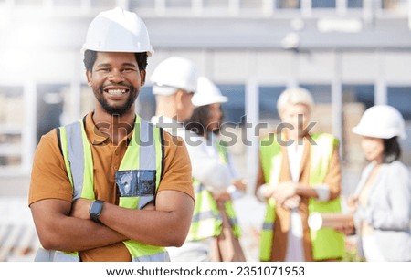 Black man, architect and arms crossed, construction site and maintenance, contractor job and smile in portrait. African engineer, confident and professional with urban infrastructure and renovation Royalty-Free Stock Photo #2351071953