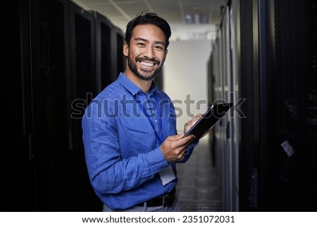 Tablet, man and portrait in server room of engineer programming at night. Information technology, face and happy Asian technician in data center, networking and coding software of system admin expert Royalty-Free Stock Photo #2351072031