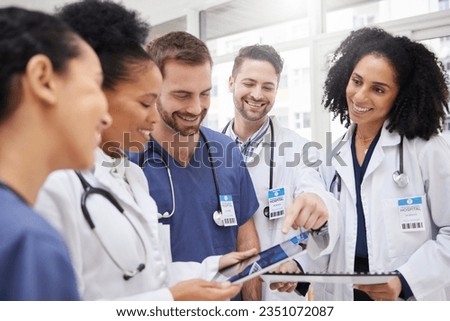 Doctors, tablet and meeting in team discussion on x ray, MRI or brain scan in surgery planning at hospital. Group of happy medical or healthcare professionals with technology in teamwork at clinic Royalty-Free Stock Photo #2351072087