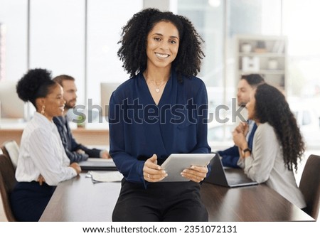 Business woman, portrait and tablet for planning meeting with team or project management, discussion or marketing strategy. Corporate, employee and work in Brazil in communication or online research Royalty-Free Stock Photo #2351072131