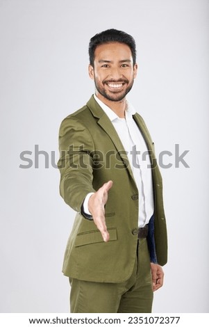 Business man, shaking hands or offer in introduction, partnership and financial deal, success or welcome in studio. Professional person with handshake, POV meeting and portrait on a white background