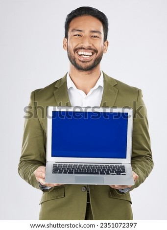 Laptop screen, mockup and portrait of business man in studio for social media, communication and ux. Website, research and logo with employee on white background for email, online and internet