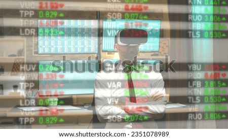 Businessman analyzes financial data on a display screen using virtual reality headset, tracking stock market and currency exchange. Investor comparing bonds prices, learning pricing trends