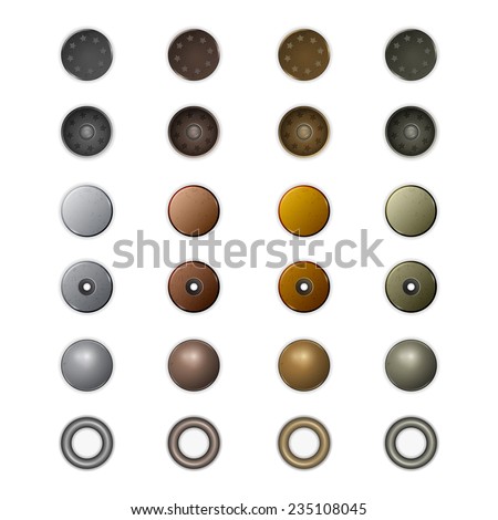 Set of realistic different metal jeans buttons and rivets. 