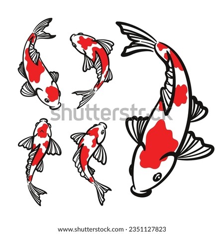 Set of hand drawn koi fish illustration. Koi carp line art collection