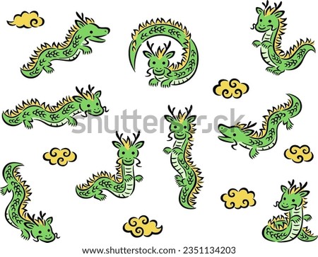 Illustration set of green long dragon characters in various poses and golden clouds in brush hand drawn style
