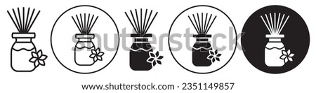 Aromatherapy icon. Flat symbol of aromatic room diffuser with incense stick in jar or pot. Vector set of air freshener aroma scent agarbatti. Outline round logo of flower smell for zen meditation spa Royalty-Free Stock Photo #2351149857