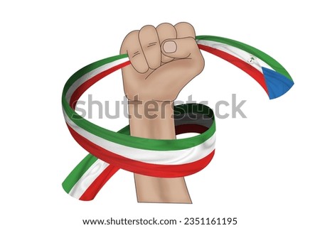 3D illustration. Hand holding flag of Equatorial Guinea on a fabric ribbon background.