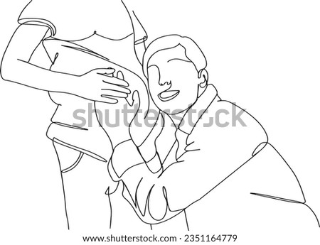 One line sketch drawing cartoon clip art of Husband's Love Listening to Baby in Pregnant Belly, Pregnancy Joy Man Leaning to Hear Baby's Sounds, Pregnancy Connection Man Hears Baby's Sounds