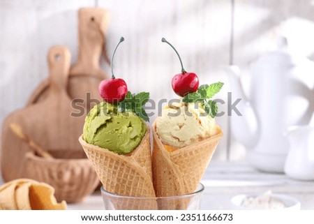 ice cream in a cone with a variety of flavors with a sweet and soft taste