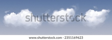 White clouds, fog or smoke in air or sky. Fluffy cumulus clouds isolated on transparent background, vector realistic illustration. Concept of weather, meteorology, climate