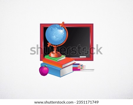 The white background image in the middle of the image has a black screen with a picture of the world, a book, a pencil, and a ruler used in education.

