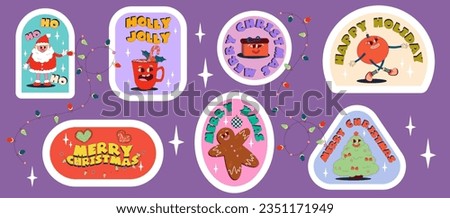 Funny groovy retro christmas character sticker. Merry Christmas vintage groovy sticker with santa, tree and coffee. Comic xmas character with smile face. Cartoon vector illustration