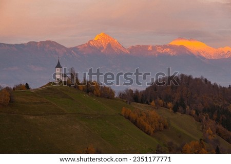 Lake Bled Reflections and Sunset Time in the Julian Alps, Autumn Season European Alps, Bled Radovljica, Slovenia Royalty-Free Stock Photo #2351177771