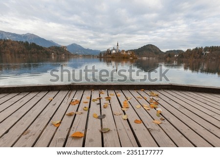 Lake Bled Reflections and Sunset Time in the Julian Alps, Autumn Season European Alps, Bled Radovljica, Slovenia Royalty-Free Stock Photo #2351177777