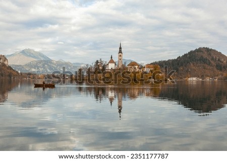Lake Bled Reflections and Sunset Time in the Julian Alps, Autumn Season European Alps, Bled Radovljica, Slovenia Royalty-Free Stock Photo #2351177787