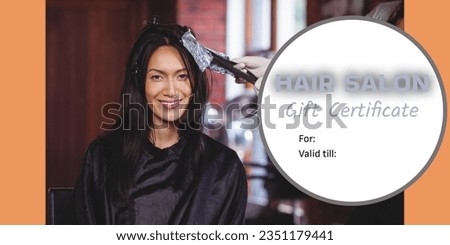 Composite of hair salon gift certificate text over diverse female hairdresser with female client. Hairdressing, hair and beauty and gift certificate offers concept digitally generated image.
