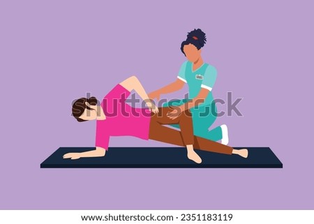 Graphic flat design drawing professional female osteopath bonesetter making massage to woman. Spine adjustment. Rehabilitation, manual therapy. Chiropractor working. Cartoon style vector illustration