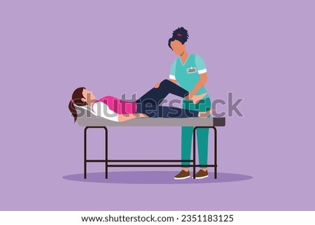 Cartoon flat style draw woman lying on massage table professional masseur therapist doing healing treatment massaging patient treating knee manual physical therapy. Graphic design vector illustration