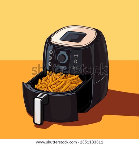 Open-bowl kitchen deep fryer with ready-made fries. Electronic device for cooking food, fast and quality cooking in the kitchen. air fryer illustration vector on a white background. Royalty-Free Stock Photo #2351183311