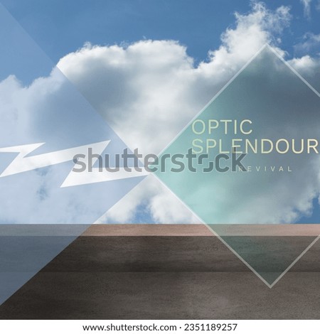 Composition of optic splendour revival text over diamonds and clouds on blue background. Art, music album cover and design concept digitally generated image.