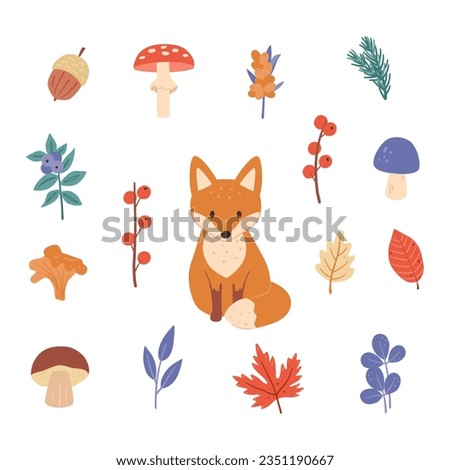 Cute fox cub with twig leaves. Collection kids vector illustration for design. Autumn clip art.
