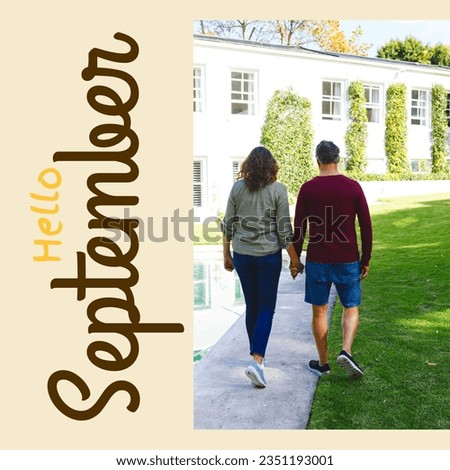 Composite of hello september text over caucasian couple in garden. Hello september, fall, autumn and nature concept digitally generated image.