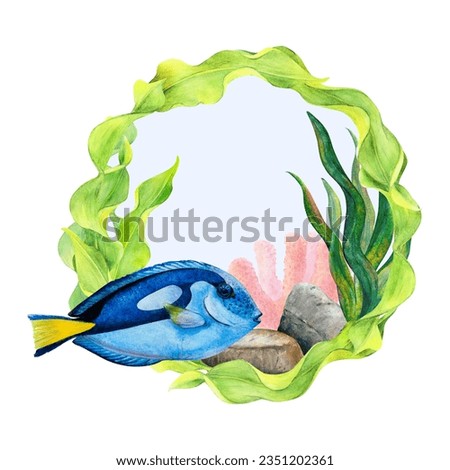 Watercolor drawing circle frame from curved ribbon algae, coral, bottom stones and surgeon fish isolated on white background with light-blue center. Natural green seaweed leaves painted scillfully. 