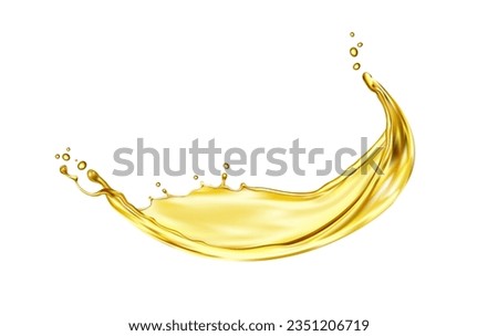 Realistic oil or juice liquid splash, beverage swirl with transparent wave flow, vector background. Golden oil, honey or sugar syrup wave spill with drops splatter in splash for sweet candy flow