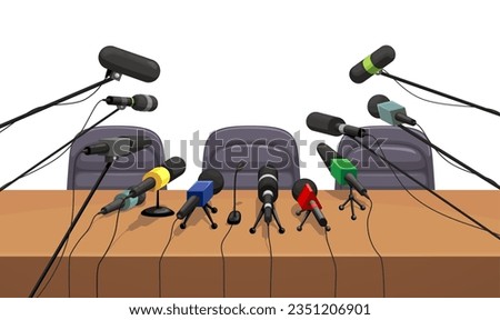 Press conference table with microphones, interior. Live broadcast interview, public speaker speech or announcement, television press conference or news, politics debate vector concept or background