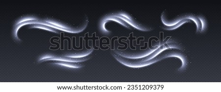 Cold wind with snow, air flow effect, winter freezing swirls, glowing light trails. Icy vapour overlay. Glowing twirls and swirls with stars. Abstract luminescent curves. Christmas vector decoration. Royalty-Free Stock Photo #2351209379