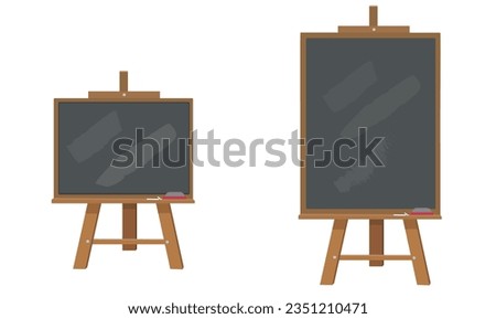 Chalkboard or blackboard with wooden easel stand vector illustration set.  Black board used in classroom or restaurant, cafe house. Back to school concept.