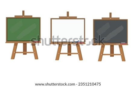 Chalkboard or blackboard with wooden easel stand vector illustration set.  White board, green board. An object used in classroom or restaurant, cafe house. Back to school concept.