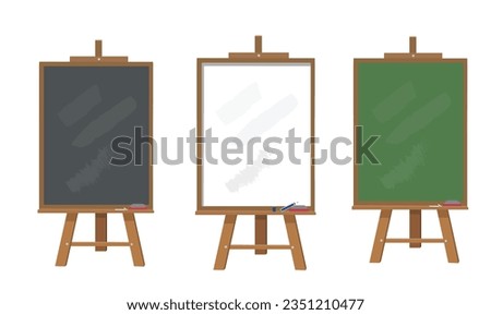 Chalkboard or blackboard with wooden easel stand vector illustration set.  Whiteboard, green board. An object used in classroom or restaurant, cafe house. Back to school concept.