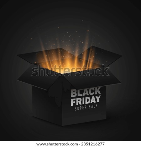 Gift magic open 3d box with golden rays and flying magical dust for Black Friday sale. Graphic elements for your design. Vector illustration. EPS 10. Royalty-Free Stock Photo #2351216277