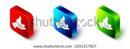 Isometric Hand holding a fire icon isolated on white background. Red, blue and green square button. Vector