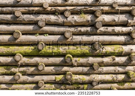 Part of the protect retaining structure in the form of the wooden logs crib wall partly overgrown with moss in sunny day, background
 Royalty-Free Stock Photo #2351228753