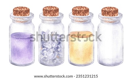 Bottles with essential oil and lavender extracts Set. Watercolor illustration of flower cosmetic elixir for aromatherapy. Hand drawn clip art isolated on white background. Bundle drawing for stickers