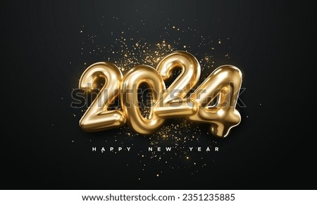 Realistic 2024 golden numbers and festive confetti on black background. Vector holiday illustration. Happy New 2024 Year. New year ornament. Decoration element with tinsel Royalty-Free Stock Photo #2351235885