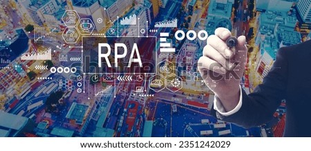 Robotic Process Automation RPA theme with businessman in a city at night