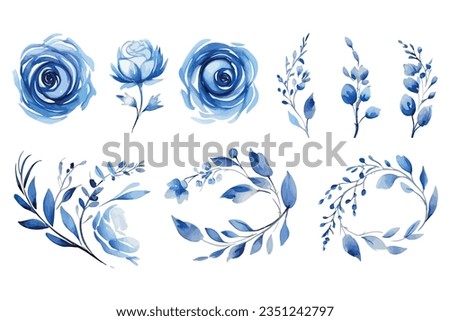 Wreaths, floral frames, watercolor flowers blue roses, Illustration hand painted. Isolated on white background. Perfectly for greeting card design