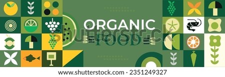 Organic food banner in flat style. Fruits and cereals Abstract geometric retro shapes .Great for flyer, web poster, natural products presentation templates, cover design.