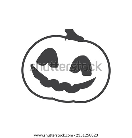 Happy Halloween face with scary creepy smile. Helloween monster pumpkin for carving with eyes, mouth, teeth. Black horror silhouette laughing. Flat vector illustration isolated on white background.