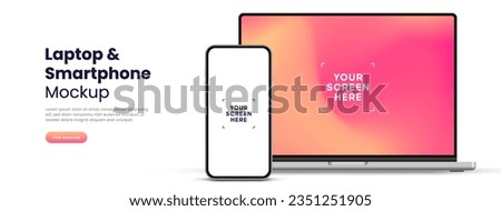 Modern laptop mockup front view and smartphone mockup high quality isolated on white background. Notebook mockup and phone device mockup for ui ux app and website presentation Stock Vector. Royalty-Free Stock Photo #2351251905