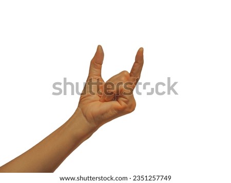hand showing small thing gesture. woman hand on a white background shows different gestures. Isolate the hand of the asian. element object for design. close up Royalty-Free Stock Photo #2351257749