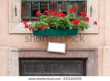 Tablet in place for text. Pointer on the house under the window about the prohibition of parking or walking dogs. Flowers in a hill on the windowsill. Layout template sign.