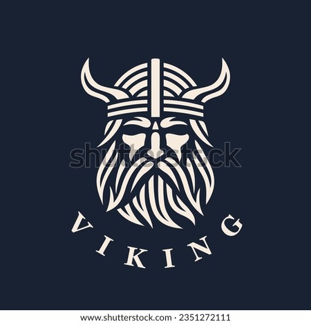 Nordic viking logo. Norse warrior icon. Horned barbarian helmet symbol. Norseman Odin emblem. Vector illustration. Royalty-Free Stock Photo #2351272111